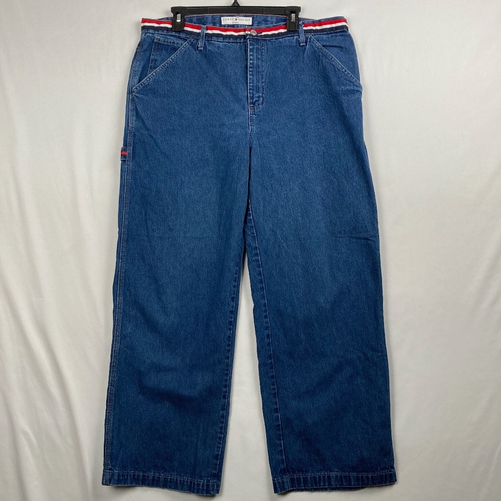 Vintage Y2K Tommy Hilfiger Denim Baggy Carpenter Cargo Jeans Logo Women Size 18